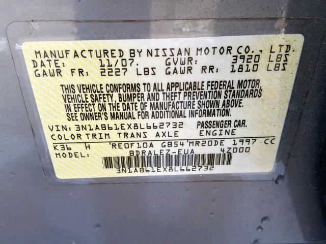 3N1AB61EX8L662732 - 2008 NISSAN SENTRA 2.0 GRAY photo 10