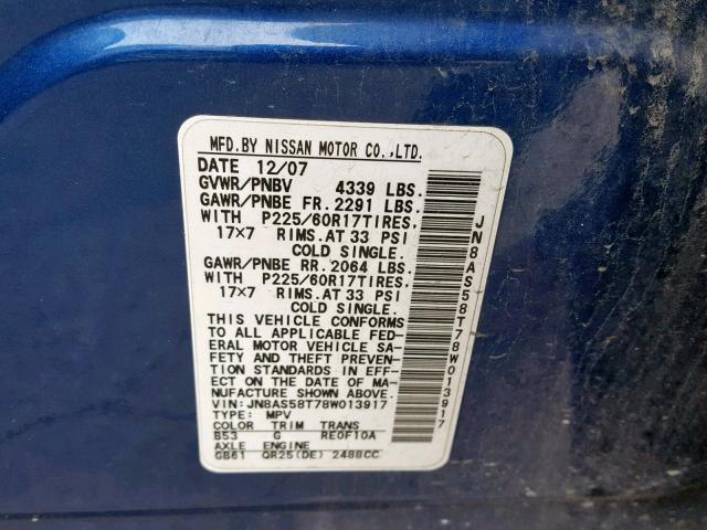 JN8AS58T78W013917 - 2008 NISSAN ROGUE S BLUE photo 10