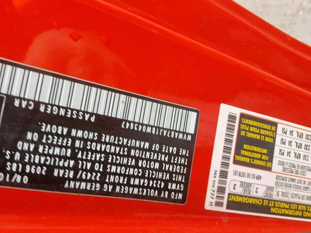 WVWAB7AJ1BW043647 - 2011 VOLKSWAGEN GOLF 红色 照片 10