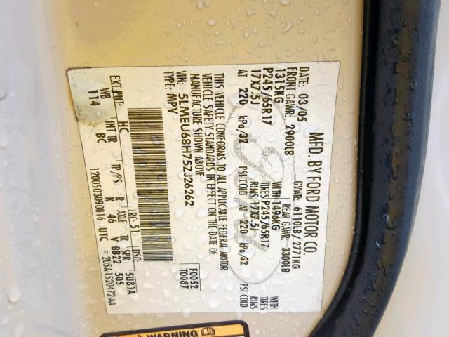 5LMEU68H75ZJ26262 - 2005 LINCOLN AVIATOR 奶油色 照片 10