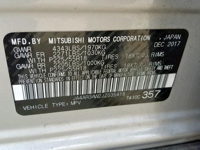 JA4AR3AW2JZ035418 - 2018 MITSUBISHI OUTLANDER SILVER photo 10