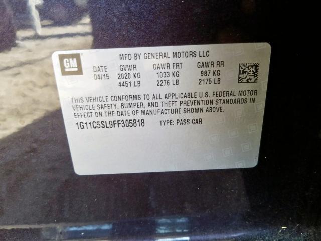 1G11C5SL9FF305818 - 2015 CHEVROLET MALIBU 1LT  照片 10