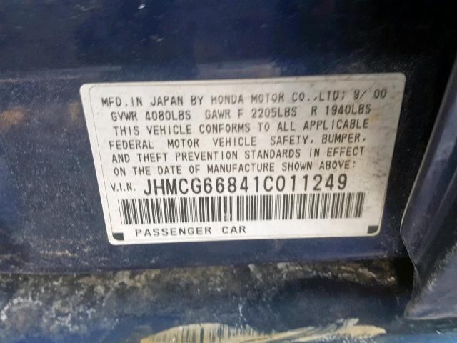 JHMCG66841C011249 - 2001 HONDA ACCORD EX BLUE photo 10