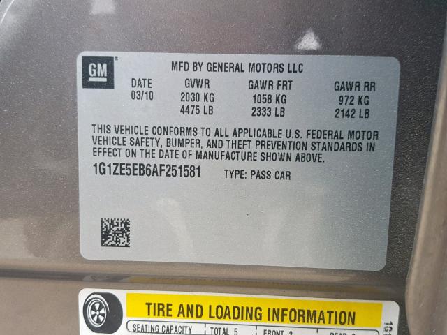 1G1ZE5EB6AF251581 - 2010 CHEVROLET MALIBU LTZ ყავისფერი ფოტო 10