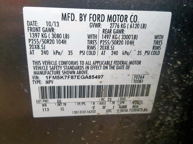 1FM5K7F87EGA85497 - 2014 FORD EXPLORER L GRAY photo 10