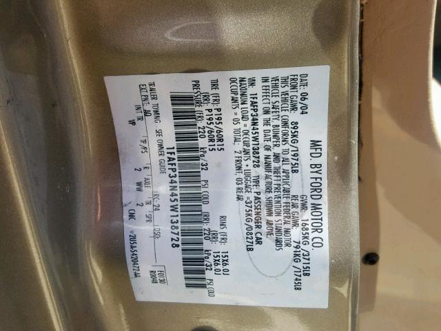 1FAFP34N45W138728 - 2005 FORD FOCUS ZX4 GOLD photo 10