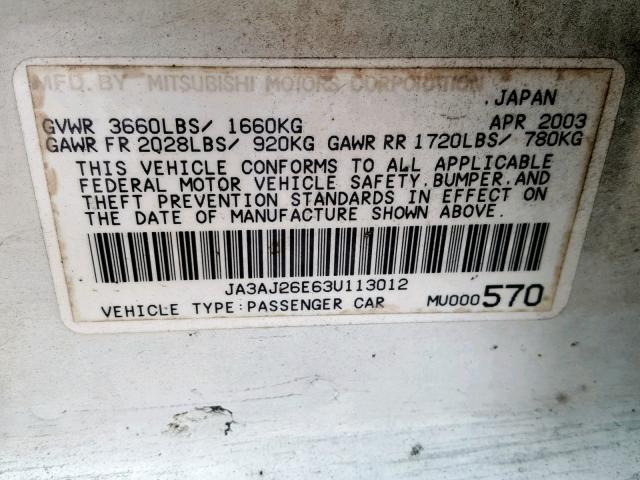 JA3AJ26E63U113012 - 2003 MITSUBISHI LANCER ES WHITE photo 10