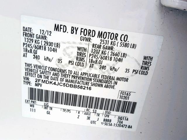 2FMDK4JC5DBB58216 - 2013 FORD EDGE SEL WHITE photo 10