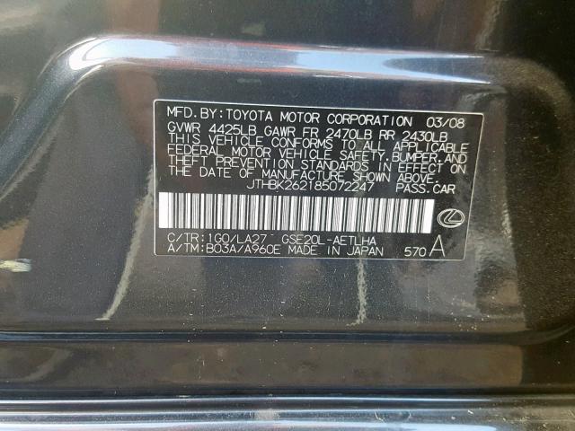 JTHBK262185072247 - 2008 LEXUS IS 250 CHARCOAL photo 10