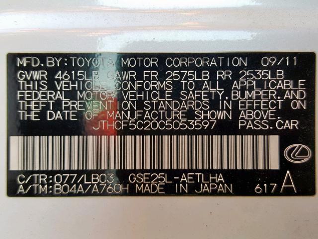 JTHCF5C20C5053597 - 2012 LEXUS IS 250 WHITE photo 10