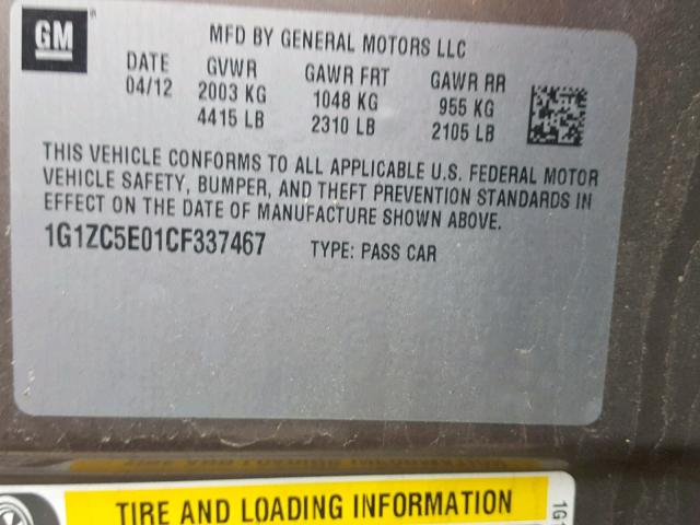 1G1ZC5E01CF337467 - 2012 CHEVROLET MALIBU 1LT ყავისფერი ფოტო 10