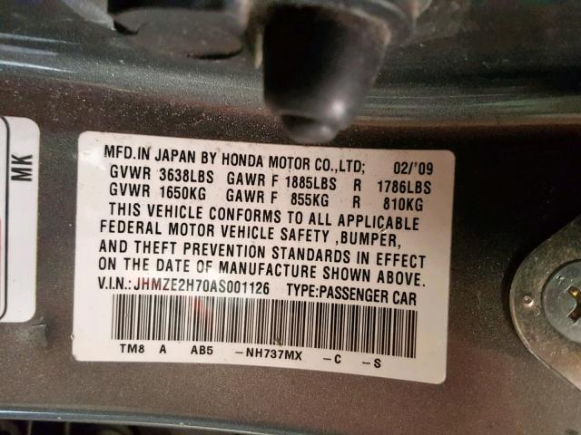 JHMZE2H70AS001126 - 2010 HONDA INSIGHT GRAY photo 10