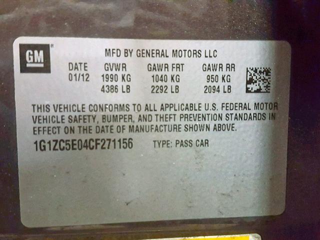 1G1ZC5E04CF271156 - 2012 CHEVROLET MALIBU 1LT 石墨色 照片 10