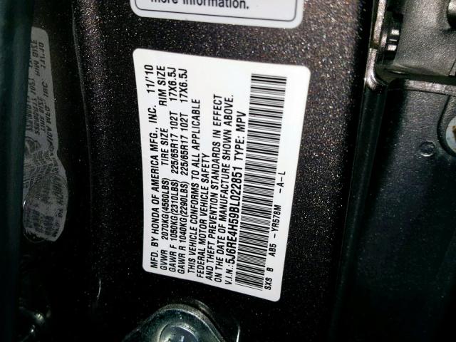 5J6RE4H59BL022851 - 2011 HONDA CR-V EX GRAY photo 10