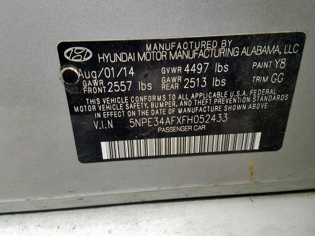 5NPE34AFXFH052433 - 2015 HYUNDAI SONATA SPO SILVER photo 10