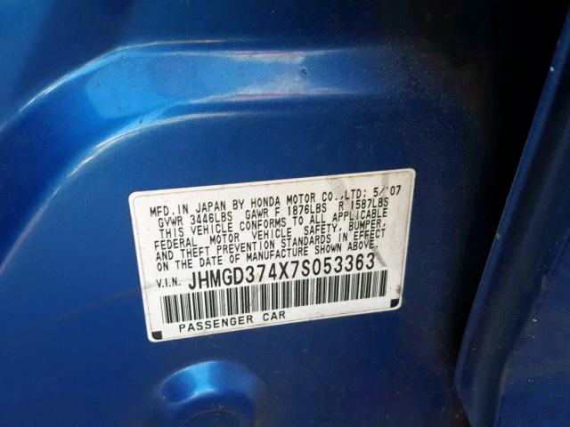 JHMGD374X7S053363 - 2007 HONDA FIT BLUE photo 10