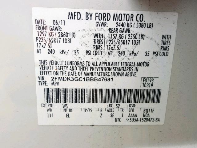 2FMDK3GC1BBB47681 - 2011 FORD EDGE SE WHITE photo 10