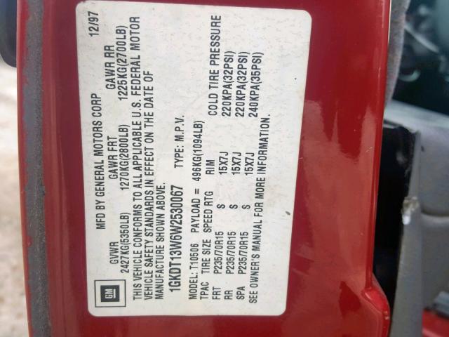 1GKDT13W6W2530067 - 1998 GMC ENVOY RED photo 10