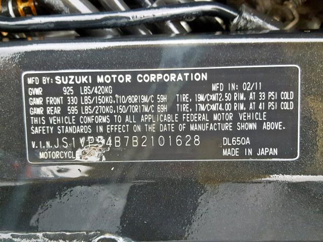 JS1VP54B7B2101628 - 2011 SUZUKI DL650 A BLACK photo 10