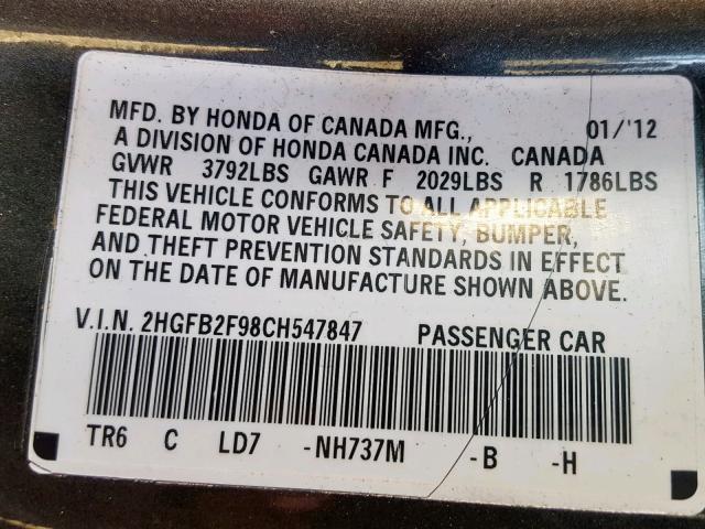 2HGFB2F98CH547847 - 2012 HONDA CIVIC EXL GRAY photo 10