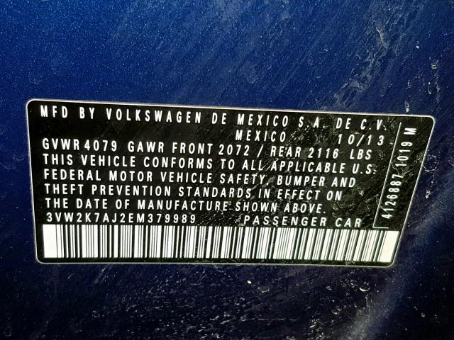 3VW2K7AJ2EM379989 - 2014 VOLKSWAGEN JETTA BASE BLUE photo 10