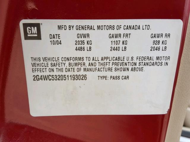 2G4WC532051193026 - 2005 BUICK LACROSSE C RED photo 10