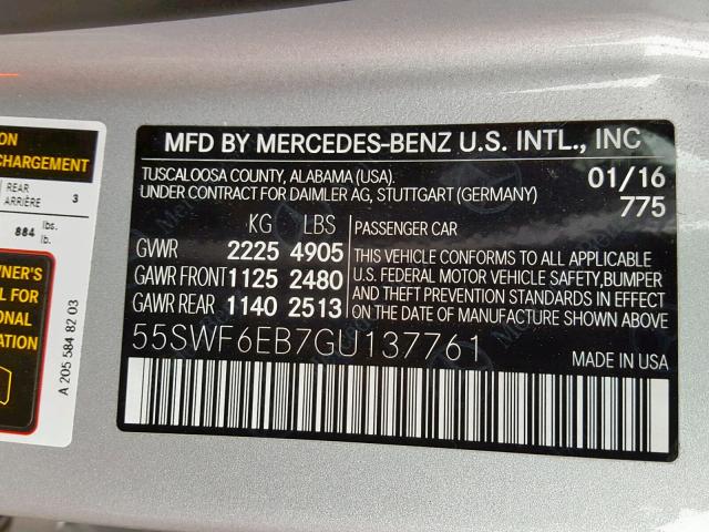 55SWF6EB7GU137761 - 2016 MERCEDES-BENZ C 450 4MAT SILVER photo 10