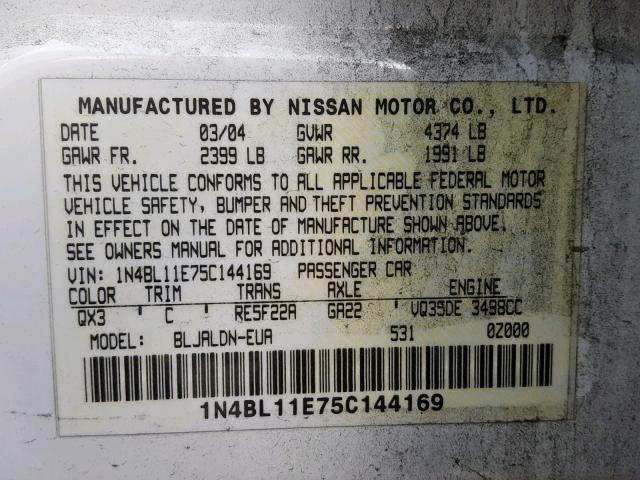 1N4BL11E75C144169 - 2005 NISSAN ALTIMA SE WHITE photo 10