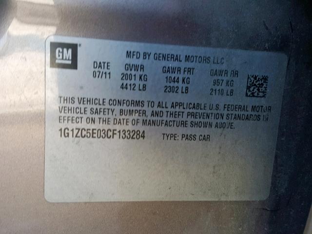 1G1ZC5E03CF133284 - 2012 CHEVROLET MALIBU 1LT 棕色 照片 10