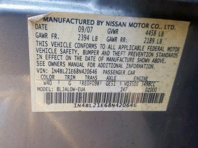 1N4BL21E68N420646 - 2008 NISSAN ALTIMA 3.5 GRAY photo 10