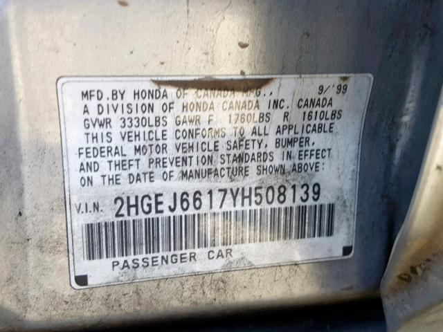 2HGEJ6617YH508139 - 2000 HONDA CIVIC BASE SILVER photo 10