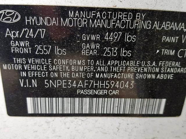 5NPE34AF7HH594043 - 2017 HYUNDAI SONATA SPO GRAY photo 10