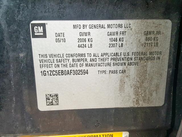 1G1ZC5EB0AF302594 - 2010 CHEVROLET MALIBU 1LT 黑色 照片 10