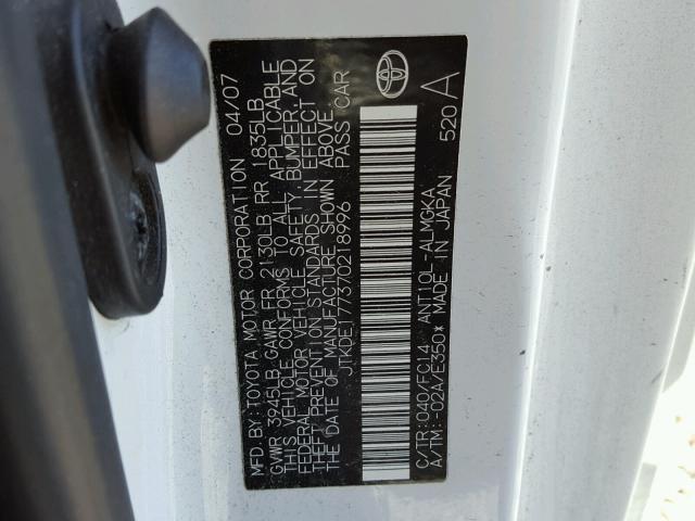 JTKDE177370218996 - 2007 TOYOTA SCION TC თეთრი ფოტო 10