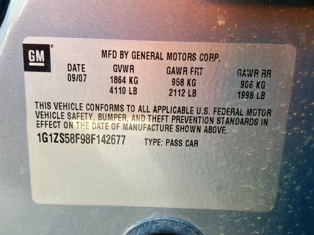 1G1ZS58F98F142677 - 2008 CHEVROLET MALIBU LS GRAY photo 10