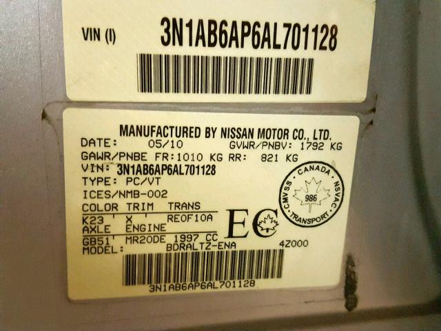 3N1AB6AP6AL701128 - 2010 NISSAN SENTRA 2.0 SILVER photo 10