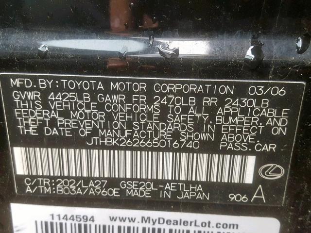 JTHBK262665016740 - 2006 LEXUS IS 250 BLACK photo 10