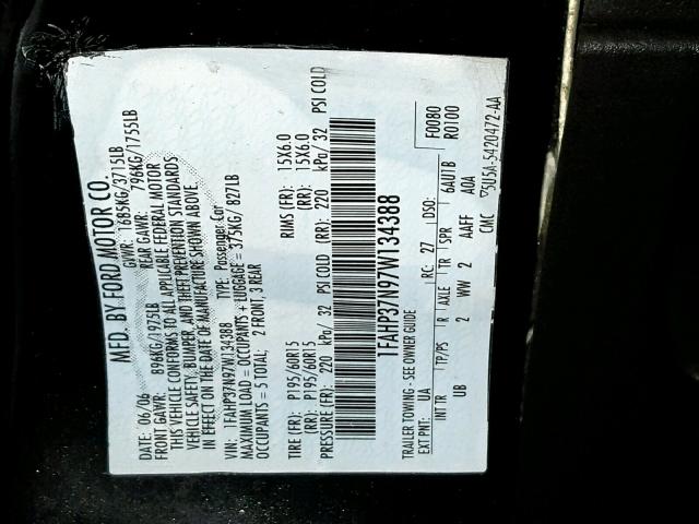 1FAHP37N97W134388 - 2007 FORD FOCUS ZX5 BLACK photo 10