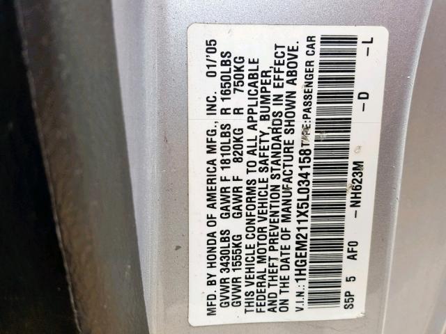 1HGEM211X5L034158 - 2005 HONDA CIVIC DX V SILVER photo 10