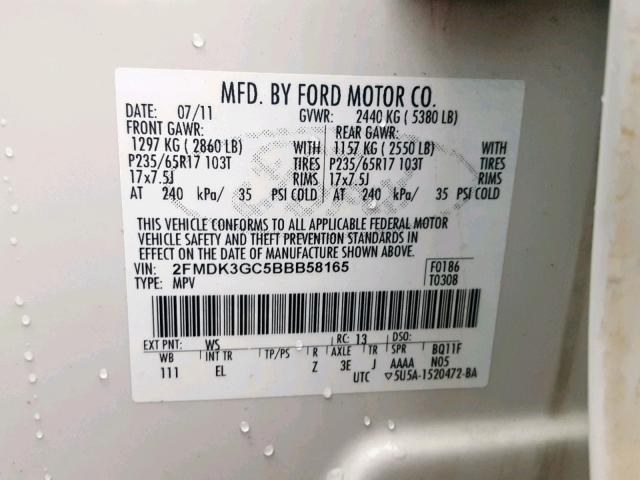 2FMDK3GC5BBB58165 - 2011 FORD EDGE SE WHITE photo 10