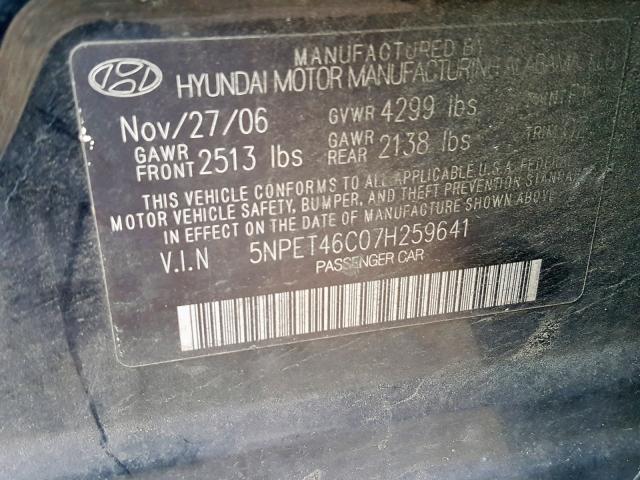 5NPET46C07H259641 - 2007 HYUNDAI SONATA GLS BLACK photo 10