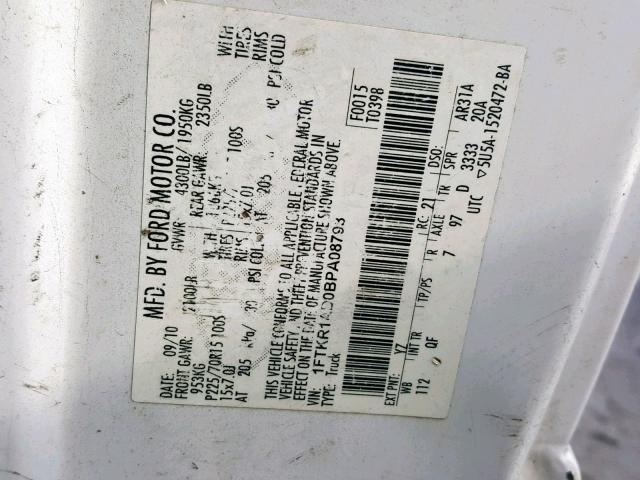 1FTKR1AD0BPA08793 - 2011 FORD RANGER WHITE photo 10