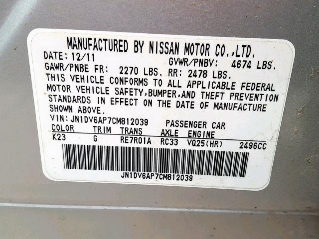 JN1DV6AP7CM812039 - 2012 INFINITI G25 BASE SILVER photo 10