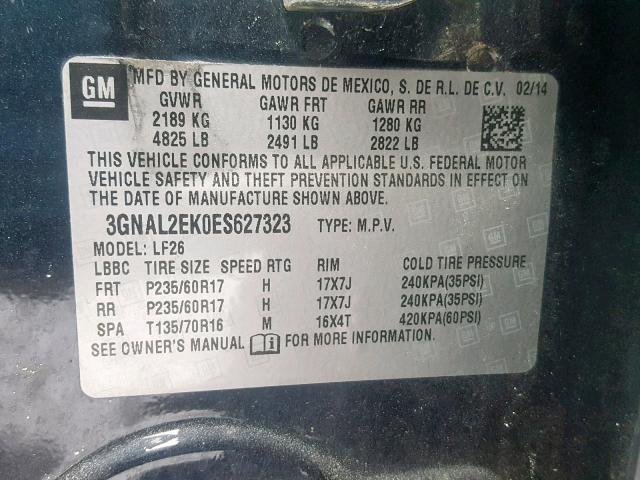 3GNAL2EK0ES627323 - 2014 CHEVROLET CAPTIVA LS 蓝色 照片 10