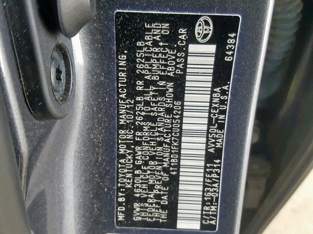 4T1BD1FK7CU054206 - 2012 TOYOTA CAMRY HYBR GRAY photo 10