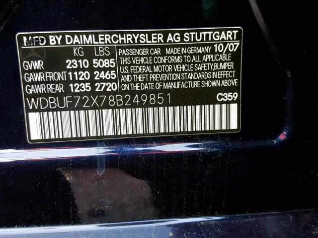 WDBUF72X78B249851 - 2008 MERCEDES-BENZ E 550 BLUE photo 10