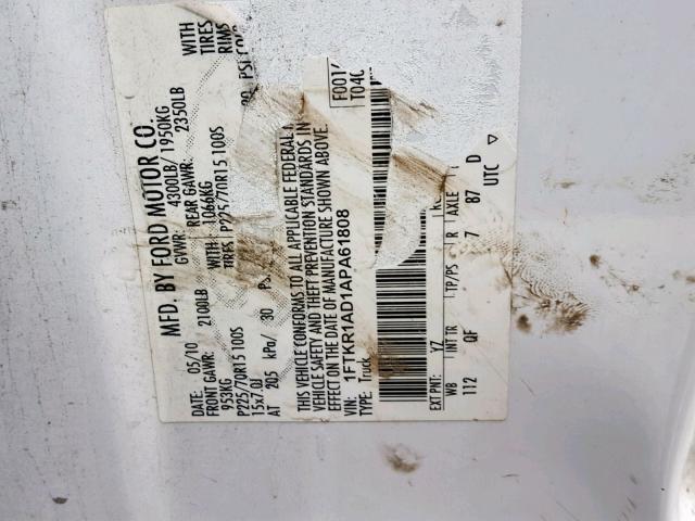 1FTKR1AD1APA61808 - 2010 FORD RANGER WHITE photo 10