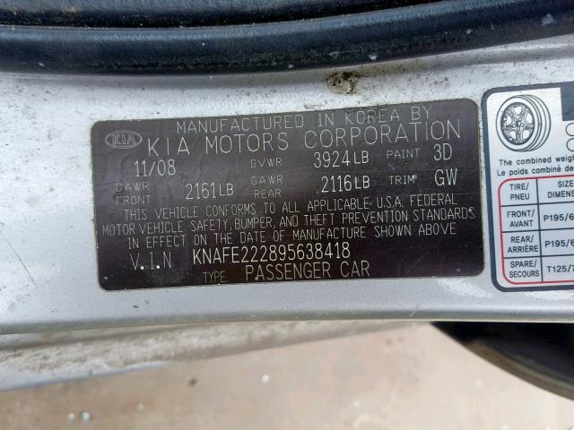 KNAFE222895638418 - 2009 KIA SPECTRA EX SILVER photo 10