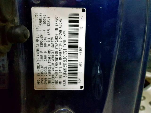 5J6YH18513L001771 - 2003 HONDA ELEMENT EX BLUE photo 10