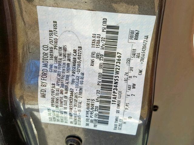 1FAFP34N55W273667 - 2005 FORD FOCUS ZX4 GRAY photo 10
